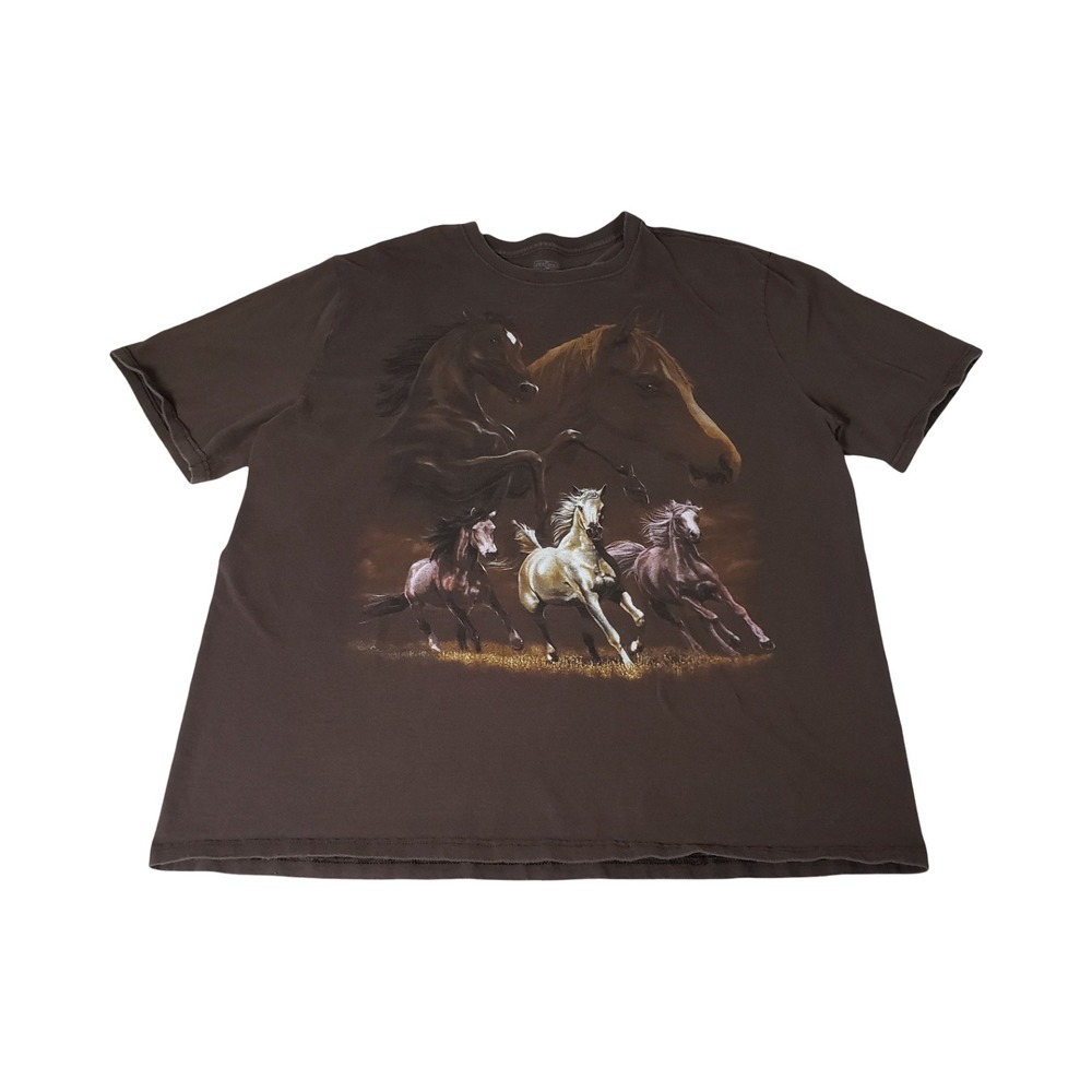 Vintage Jerzees Mens XL Brown Wild Horses Graphic T-Shirt Nature Cotton Tee